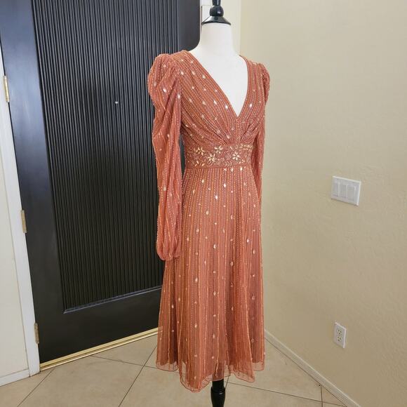 Mac Duggal 5593 Cognac Orange 2 Embellished V Long Sleeve Evening Midi Dress - Picture 9 of 14